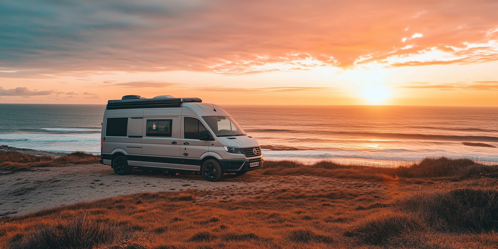 Camper geparkeerd aan zee bij zonsondergang